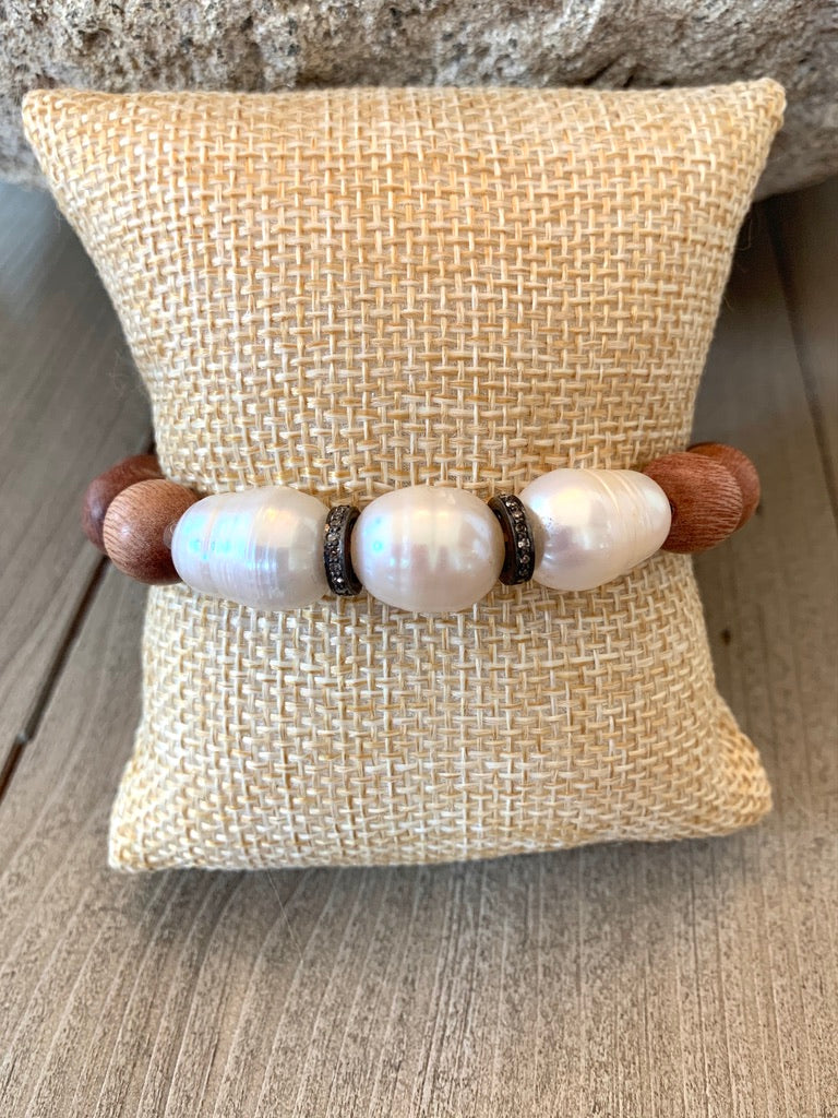 Brown Wooden Elastic Beaded Bracelet with Freshwater Pearls and Diamond Spacers