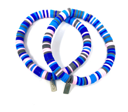 Blue, Grey, and Pink Rubber Disc Elastic Bracelets