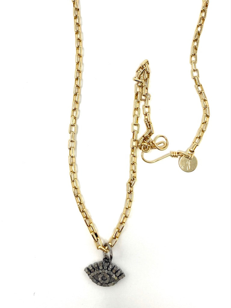 Gold Filled Chain Necklace With Pave Diamond Evil Eye Pendant