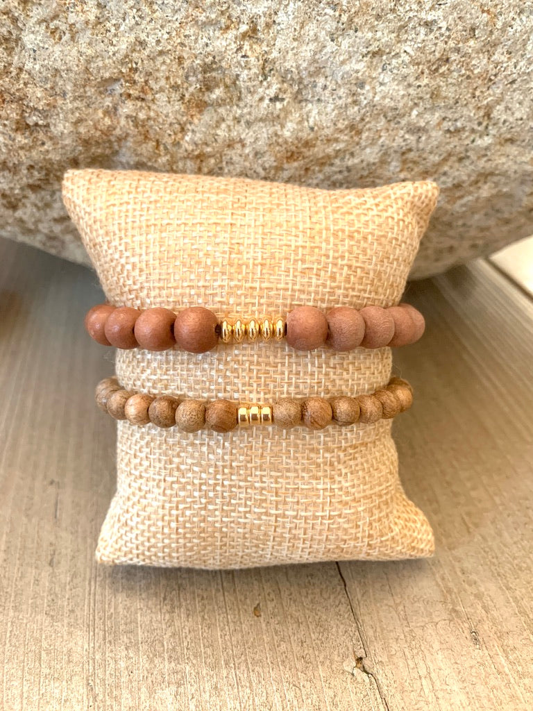 Brown Wooden Elastic Beaded Bracelet with Gold Filled Spacers