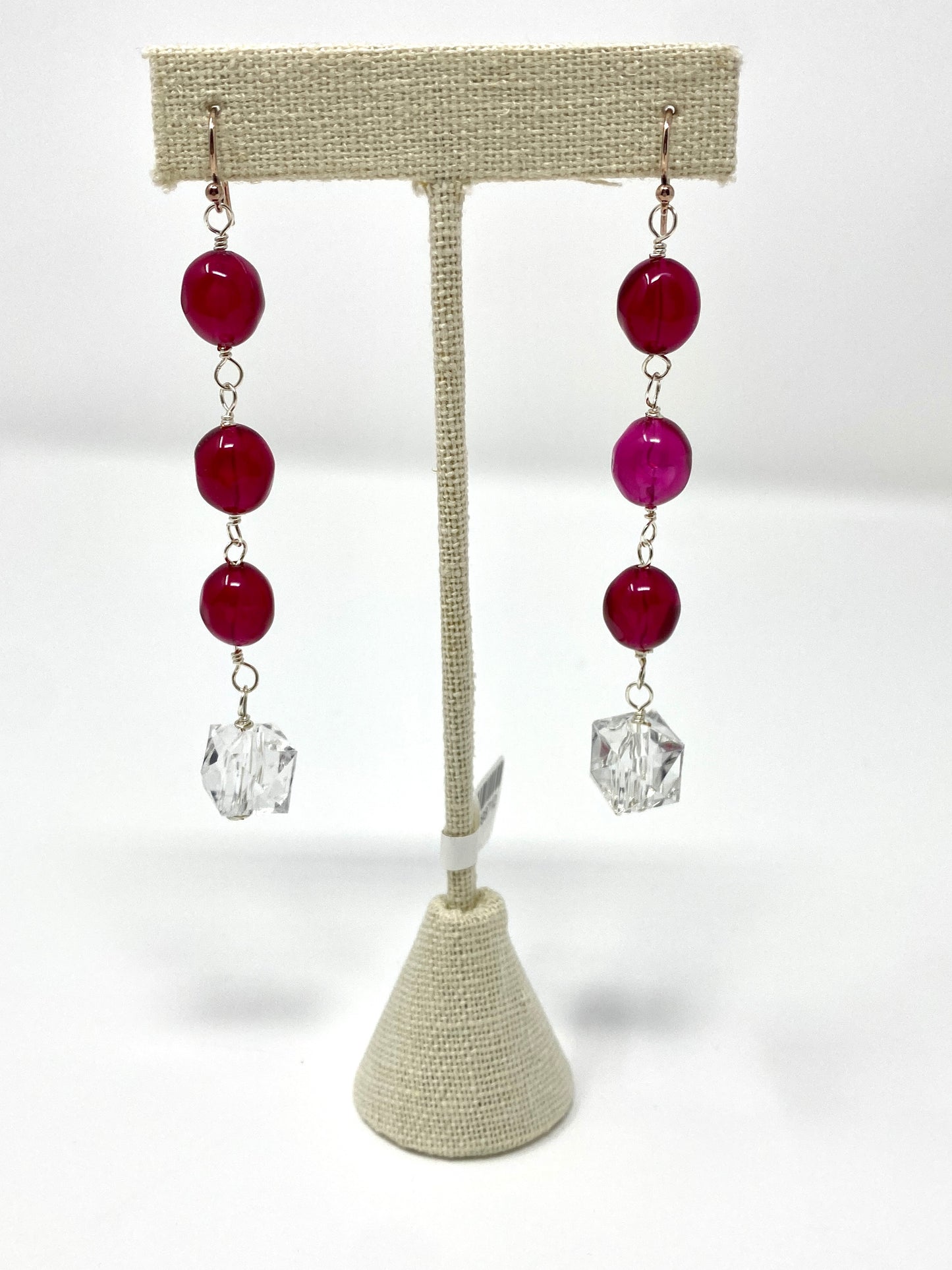 Sterling Silver Earrings with Raspberry and Clear Acrylic Beads