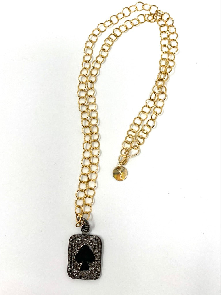Gold Filled Chain Necklace with Pave Diamond  and Enamel Ace of Spades Pendant