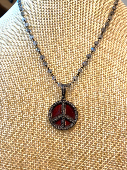 Laboradite Necklace with Maroon Enamel and Pave Diamond Peace Symbol Pendant