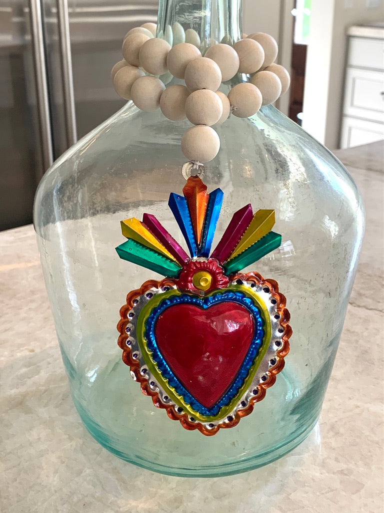 White Wooden Bottle Beads with Colorful Tin Sacred Heart Pendant