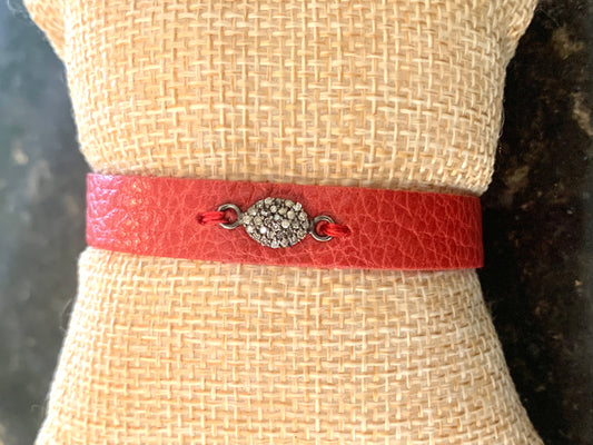 Red Leather Cuff Bracelet with Pave Diamond Oval Accent