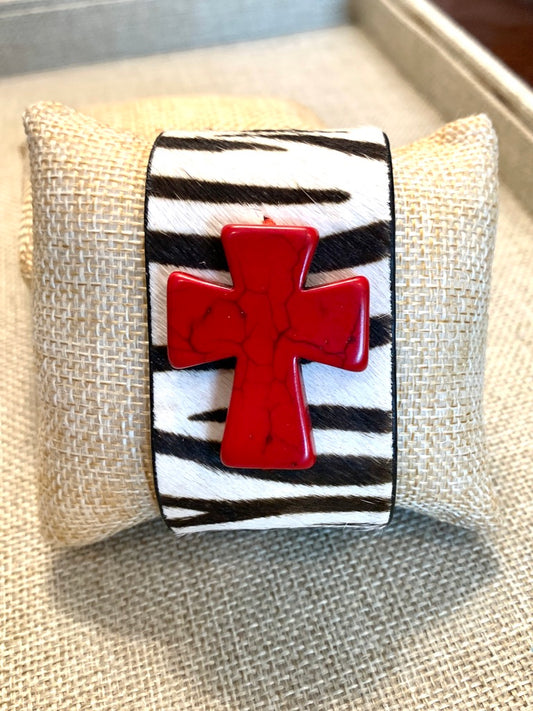 Zebra Print Cuff Bracelet with Red Howlite Cross Accent