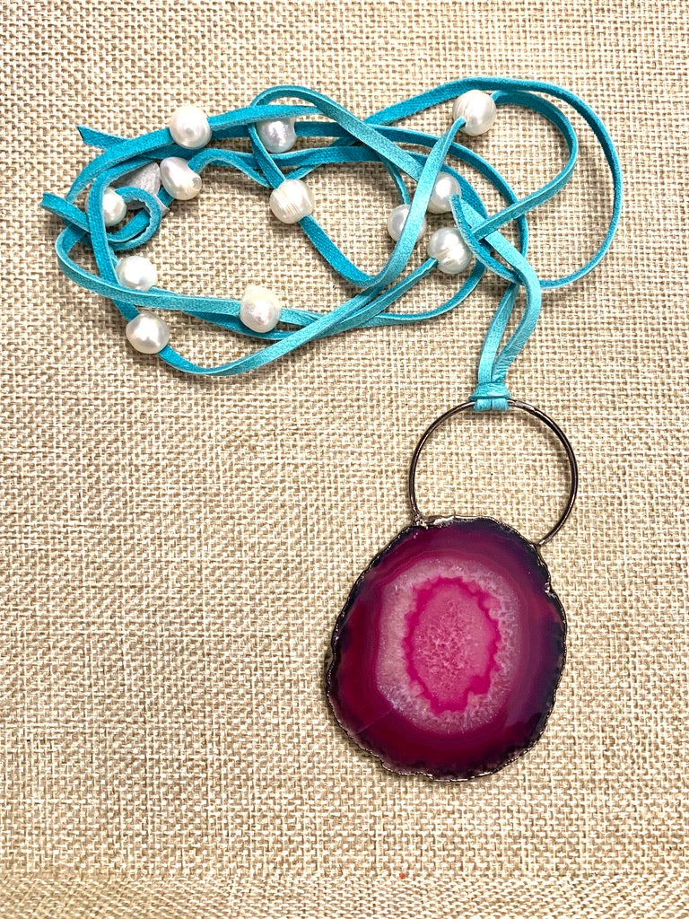 Turquoise Suede Leather Necklace with Freshwater Pearls and Fuschia Sliced Agate Pendant
