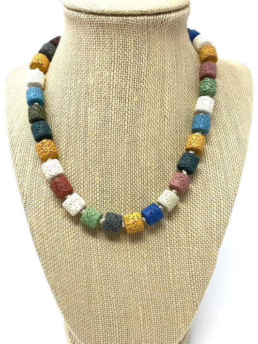 Multicolor Lava Stone on Hand Knotted Necklace