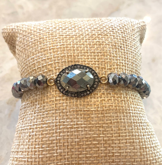 Metallic Faceted Pyrite Beaded Bracelet with Pave Diamond and Pyrite Connector