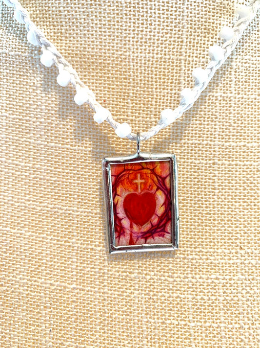 White Braided Seed Bead Necklace with Double Sided Sacred Heart Glass Pendant