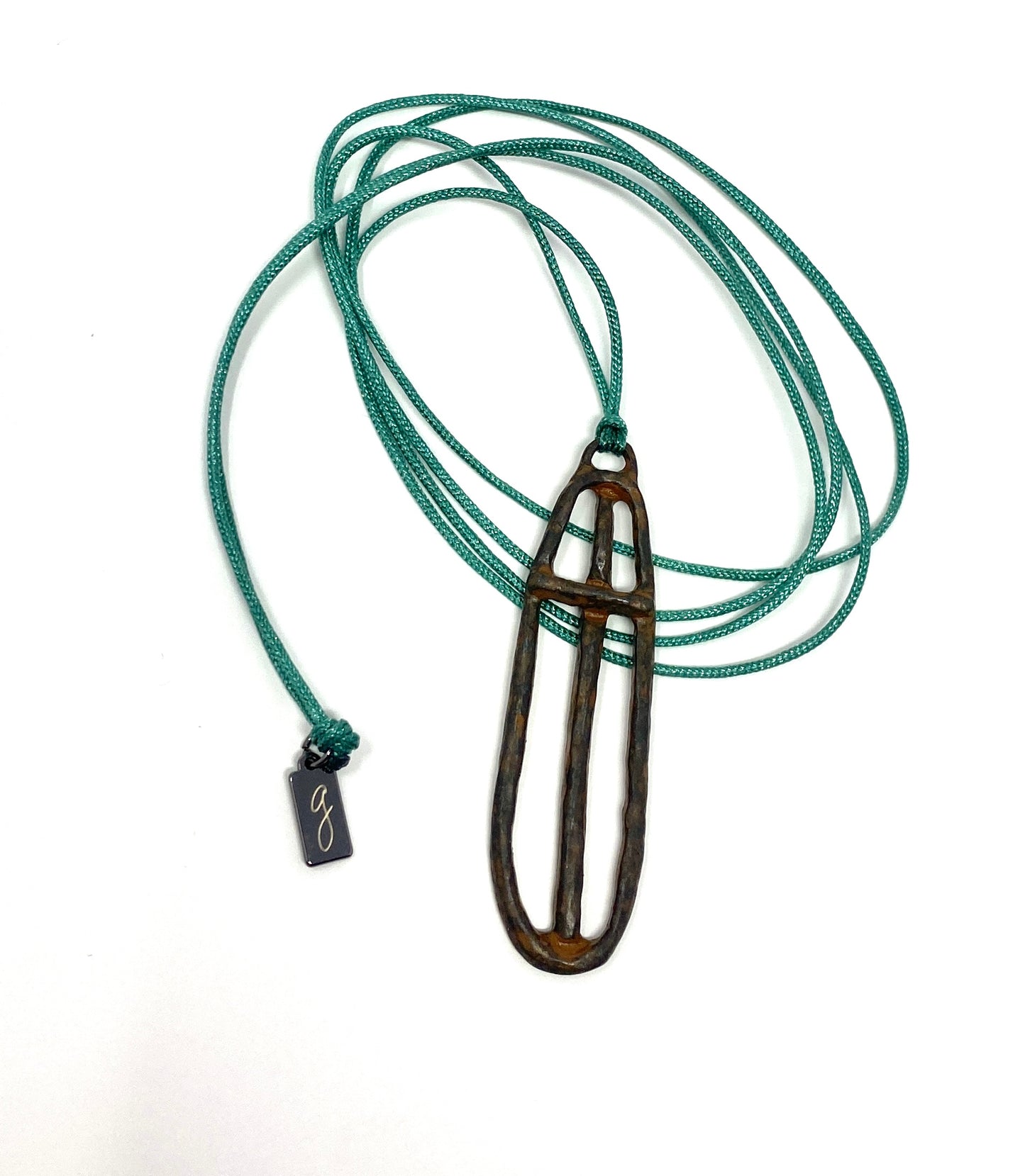 Dark Teal Nylon Cord Necklace With Rustic Cross Pendant