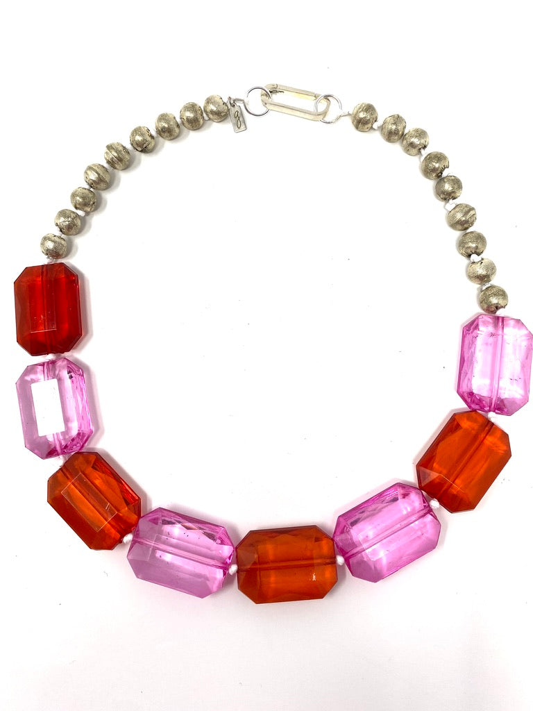 Red and Pink Acrylic Stones Hand Knotted With Pewter Beaded Necklace