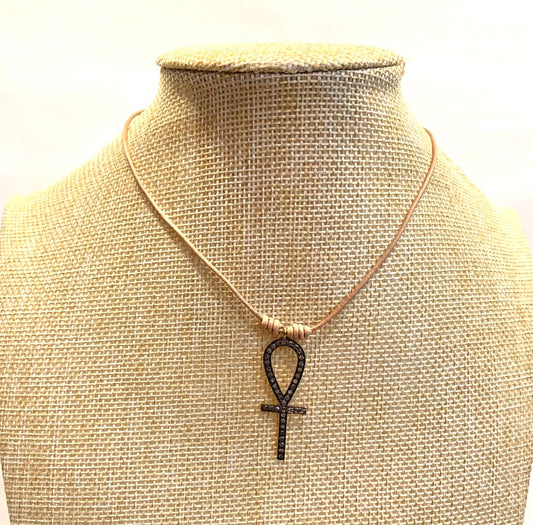 Tan Leather Cord with Pave Diamond Ankh Pendant