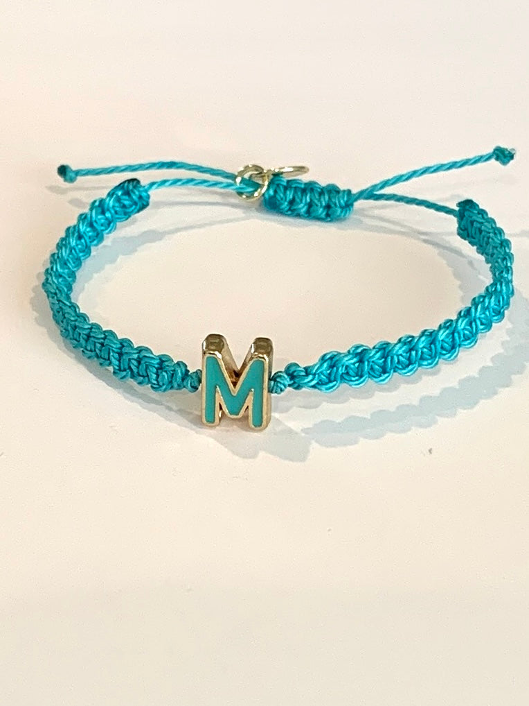 Turquoise Macrame Adjustable Bracelet with Gold and Blue Enamel Letter M