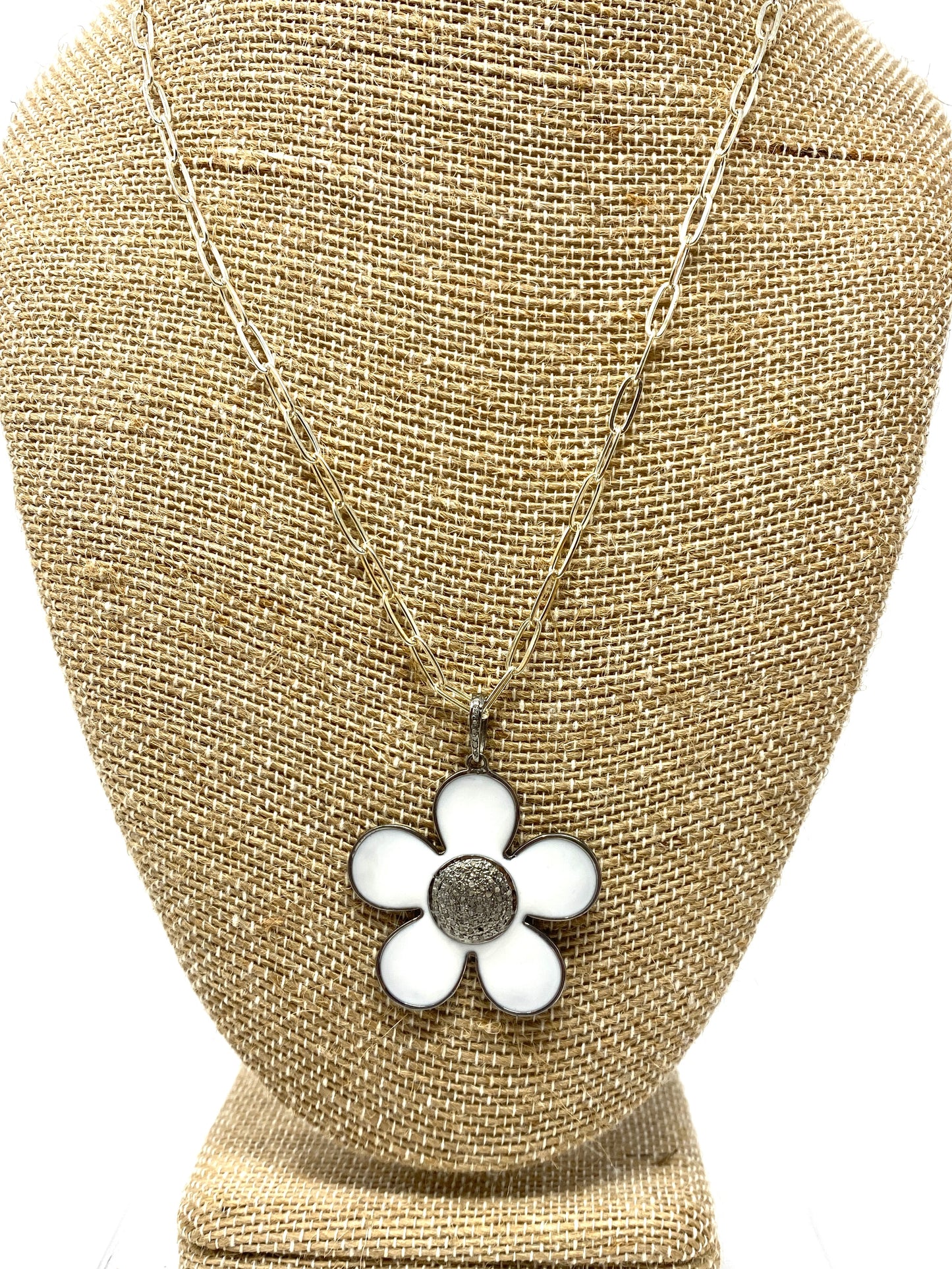 Sterling Silver Chain Necklace With White Enamel and Diamond Flower Pendant