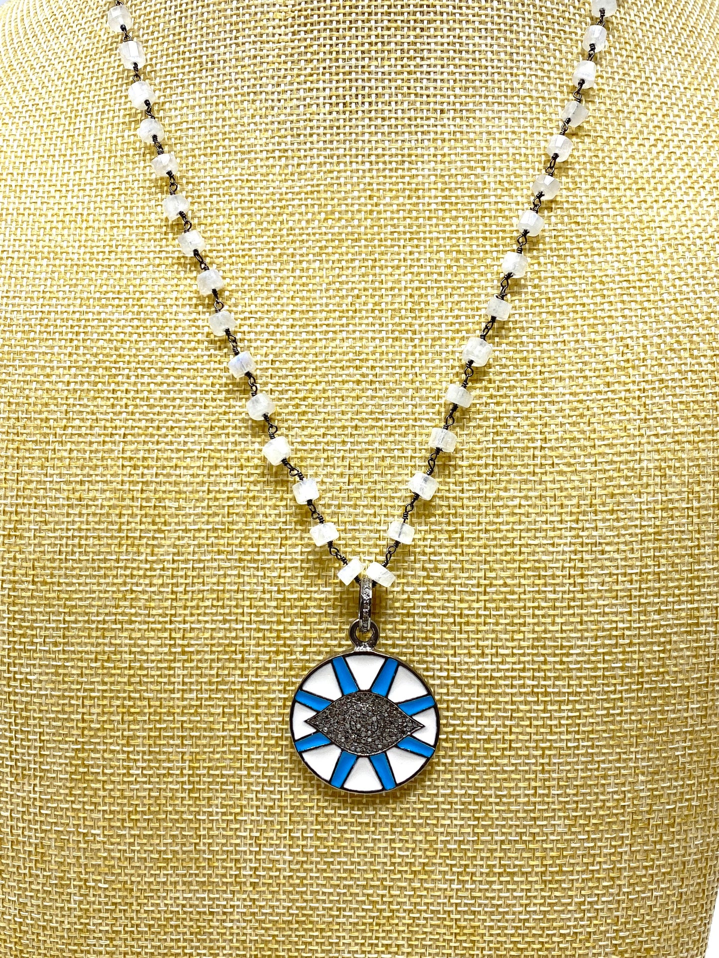 Moonstone Necklace With Turquoise and White Enamel Pave Diamond Evil Eye Pendant
