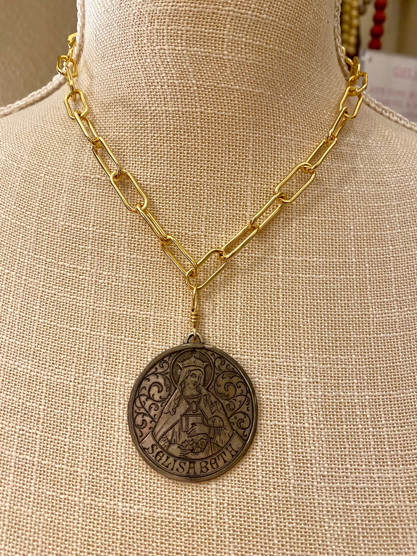 Chunky Gold Filled Paper Clip Necklace with Vintage Saint Elisabeth Medallion
