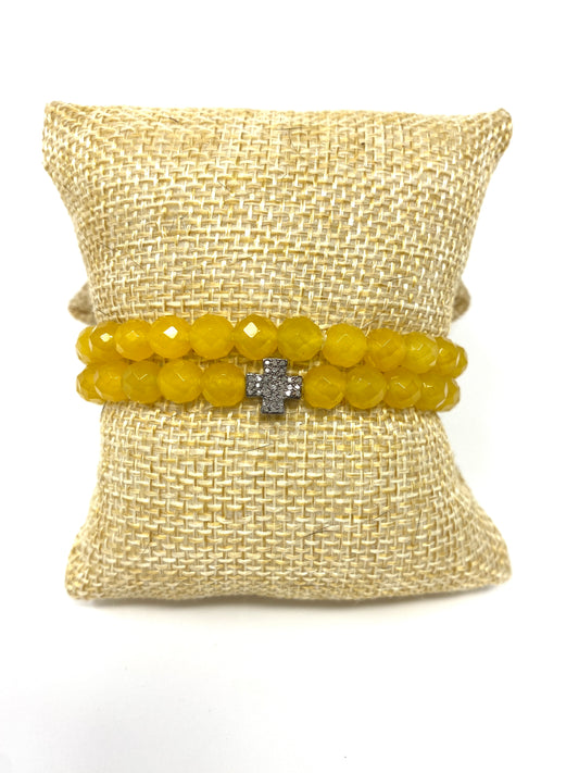 Yellow Quartz Elastic Set of Two Bracelets With Diamond Cross Bead