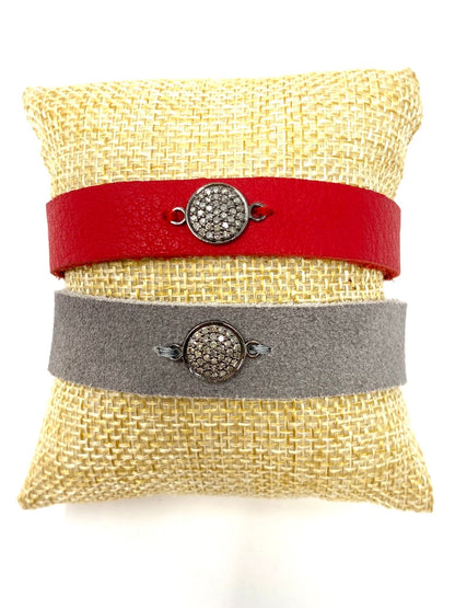 Red or Gray Leather Cuff Bracelets With Hook Back Adjustable Closure
