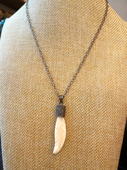 Oxidized Silver Necklace with Ivory Feather and Pave Diamond Pendant