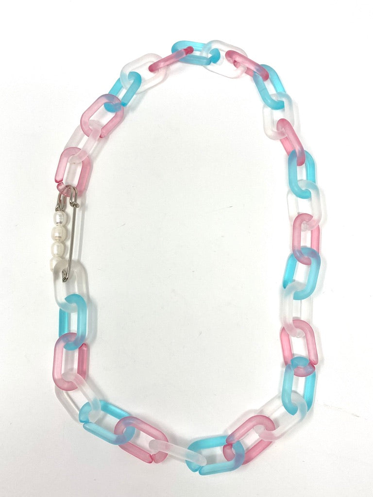 Light Pink, Clear, and Tiffany Blue Acrylic Link Necklace With Pearl Safety Pin Clasp