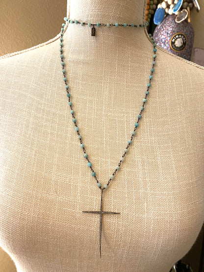 Chalcedony Rosary Style Beaded Chain Necklace with Pave Diamond Cross Pendant