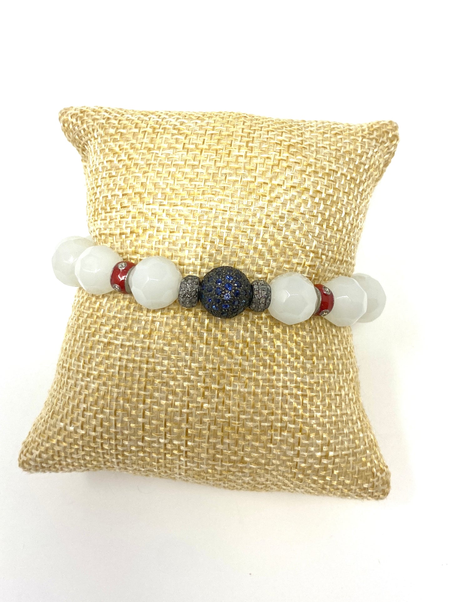 White Opaque Elastic Bracelet With Sapphire, Diamond and Enamel Spacers