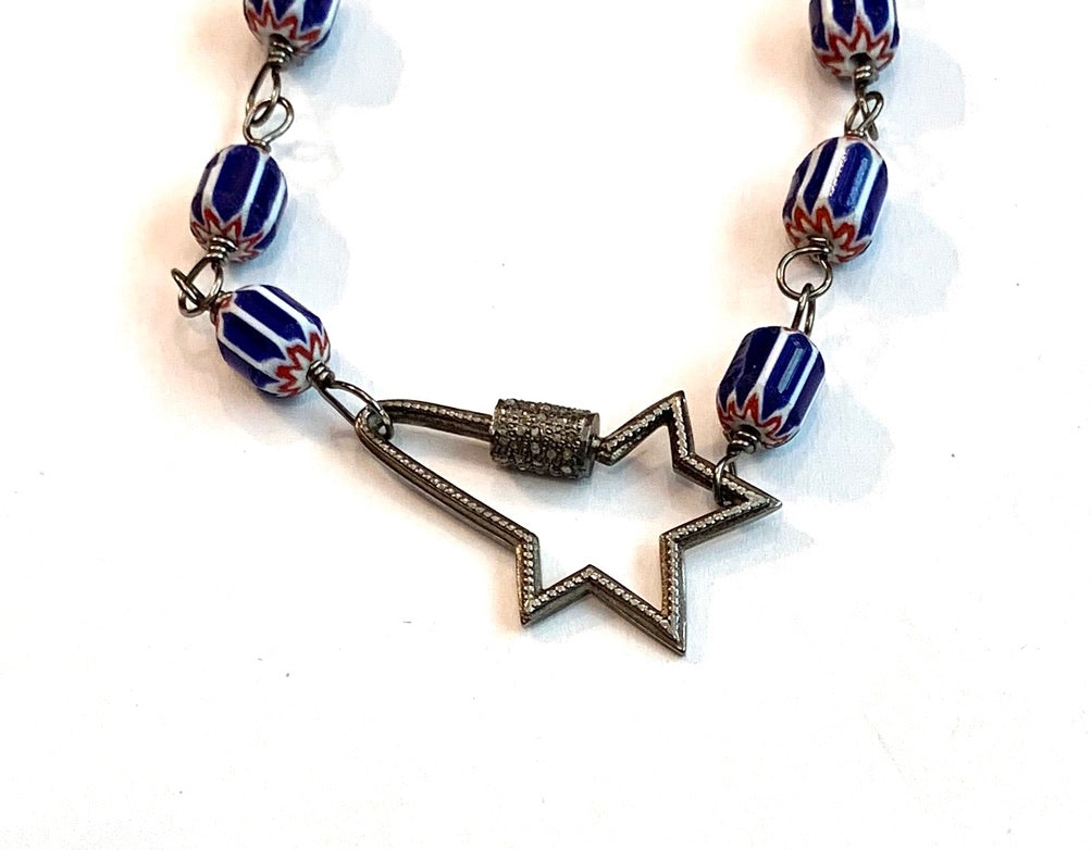 African Trading Beaded Necklace with a Pave Diamond Star Carabiner