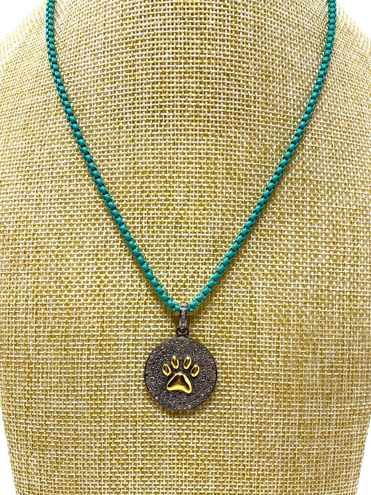 Green Turquoise Box Chain Necklace With Diamond Pawprint Pendant