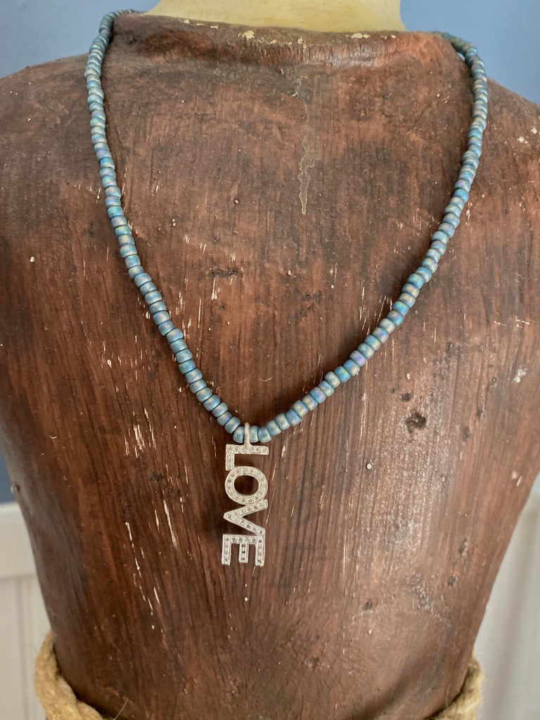 Blue Seed Bead Necklace with Pave Diamond LOVE Pendant