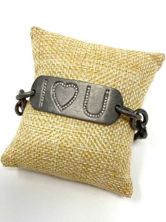 Oxidized Chain Bracelet With Diamond "I heart U" Connector