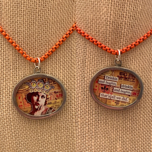 Orange Box Chain Necklace with Pewter Double Sided Pendant