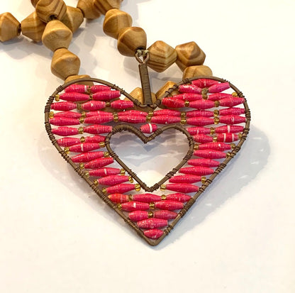 Brown Wooden Bottle Beads with Hot Pink Rolled Paper Beaded Heart