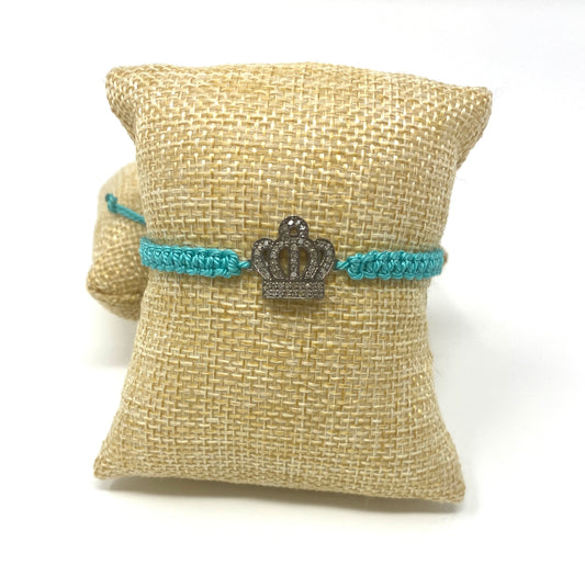 Green Turquoise Adjustable Macrame Bracelet With Pave Diamond Crown Connector