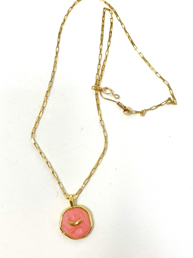 Light Pink Enamel "Wing" Pendant on Dainty Gold Filled Necklace