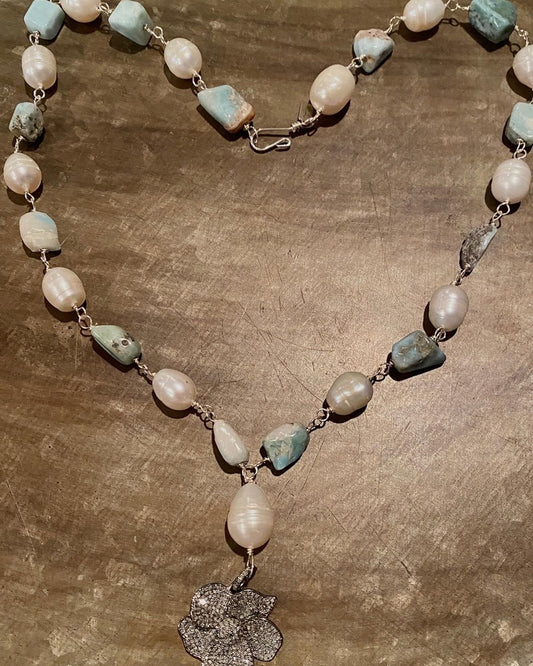 Turquoise and Freshwater Pearls on Rosary Style Necklace With Diamond Flower Pendant