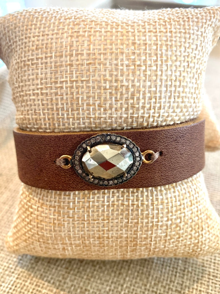 Dark Brown Leather Cuff Bracelet with Oval Faceted Stone and Pave Diamond Accent