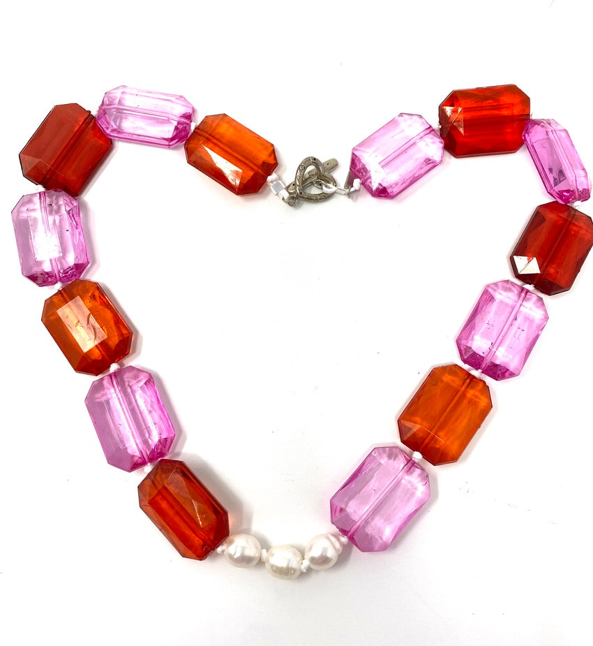 Red and Pink Acrylic Stones Hand Knotted Necklace With Freshwater Pearls
