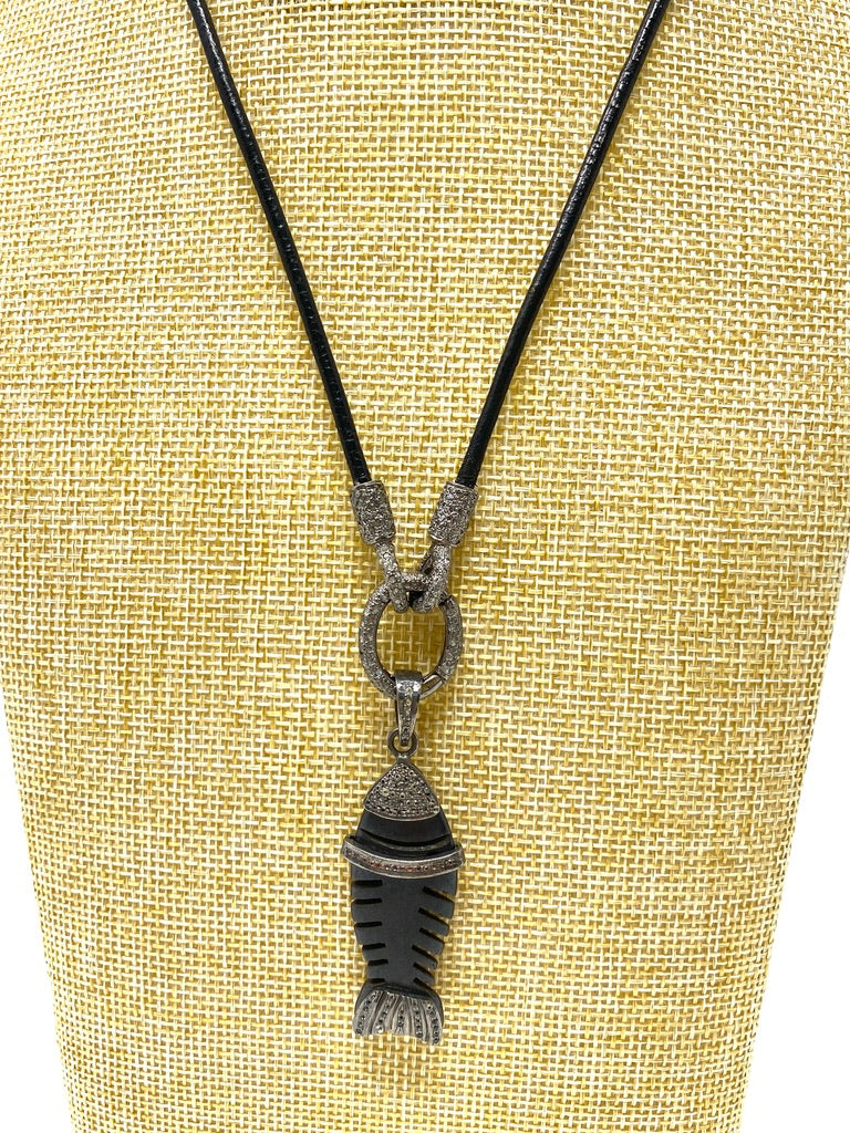 Black Leather Cord Necklace With Diamond Connector With Wood and Diamond Fish Pendant