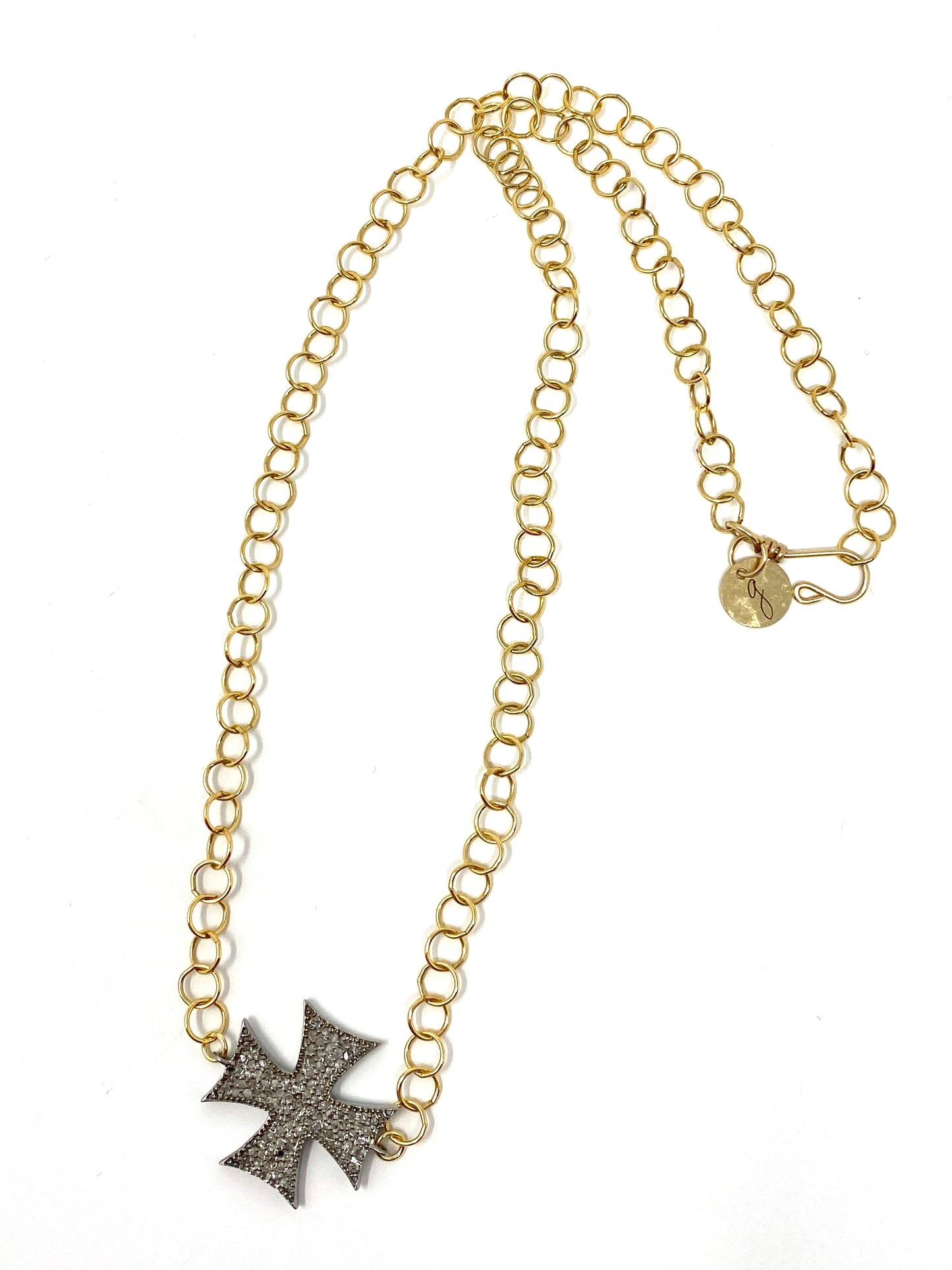 Gold Filled Chain Necklace With Pave Diamond Cross Connector