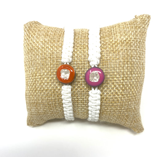 White Adjustable Macrame Bracelets With Pink and Orange Enamel and Polki Diamond Connector