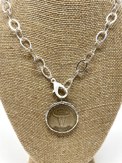 Vintage Longhorn Coin Medallion on Silver Chain