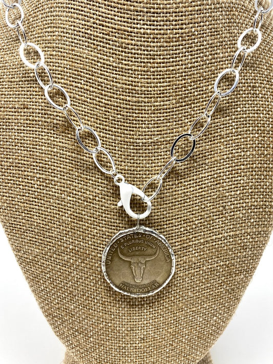 Vintage Longhorn Coin Medallion on Silver Chain