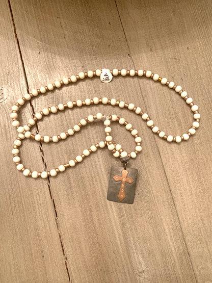 Ivory Wooden Beaded Lariat Necklace with Metallic Seed Beads and Metallic and Diamond Cross Pendant with