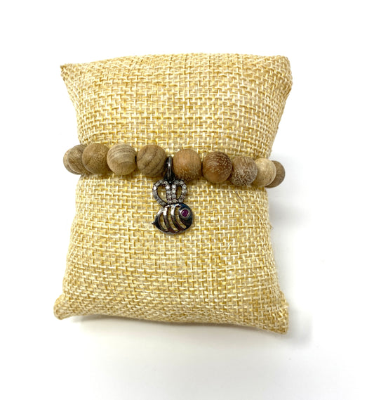 Light Brown Wooden Elastic Beaded Bracelet with Pave Diamond Bee Charm