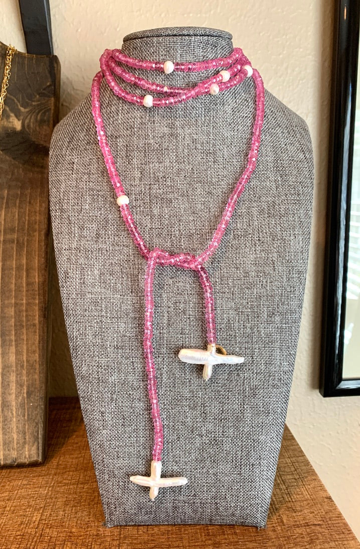Ruby Beaded Wrap Necklace with Fresh Water Pearls and Pearl Cross Ends
