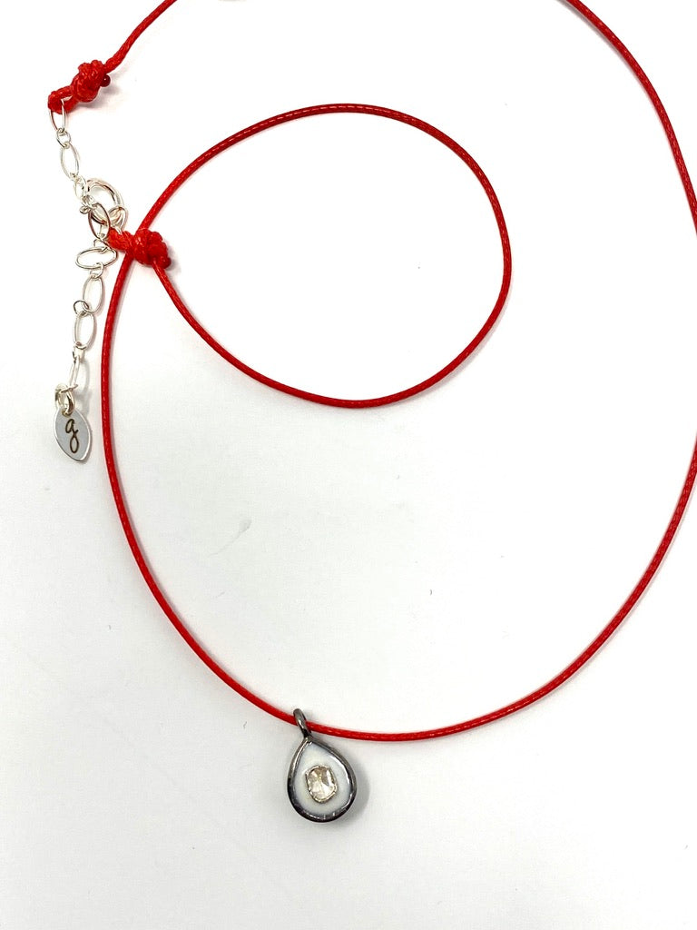 Nylon Cord Necklace With Enamel and Polki Diamond Teardrop Pendant