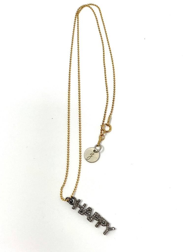 Gold Filled Ball Chain Necklace With Pave Diamond "Happy" Pendant