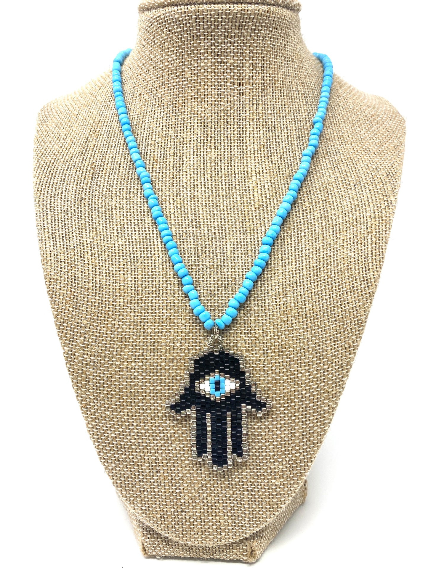 Blue Turquoise Seed Bead Necklace With Beaded Hamsa Pendant