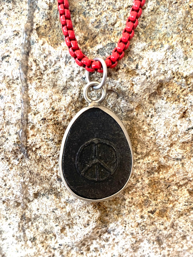 Red Box Chain Necklace with Double Sided Buddha and Peace Symbol Pendant